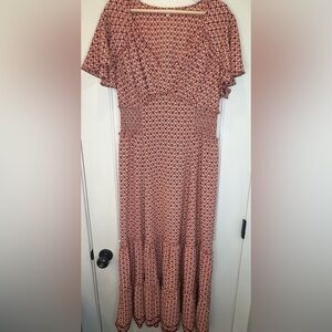 Max Studio Smocked Boho Maxi Dress Rust Geometric Floral XL